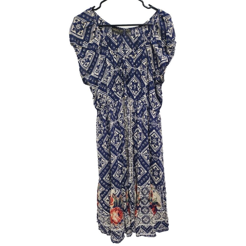 Lola P. Midi Dress Large Navy White Floral Short Sleeve Tiered BOHO Casual